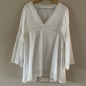 Vitamin A Organic Cotton White Long Sleeve Boho Tunic Top Swim Cover-Up Sz LARGE
